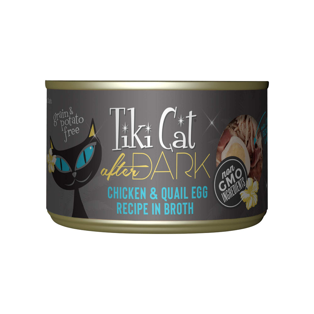 Tiki Cat After Dark chicken and quail egg can for high-protein, grain-free nutrition.