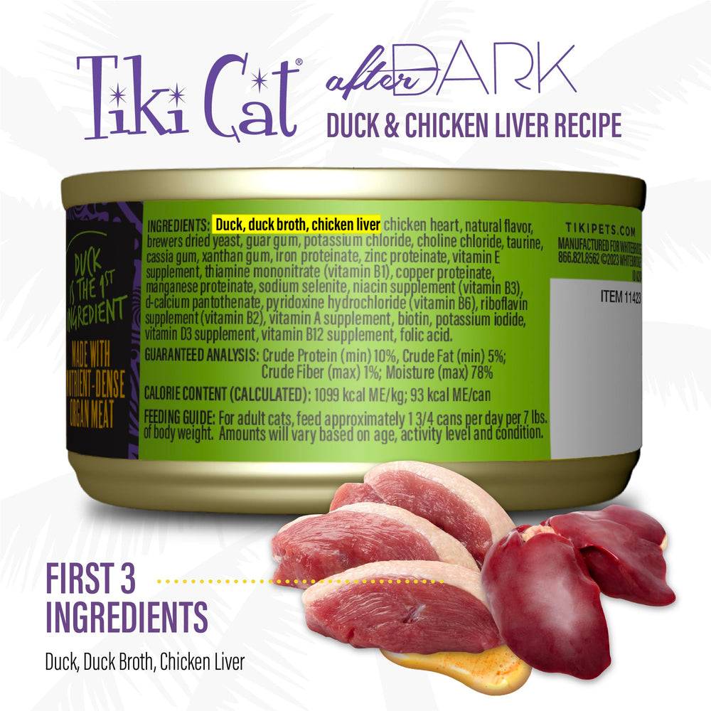 Cat enjoying Tiki Cat After Dark Pâté meal, highlighting palatability.