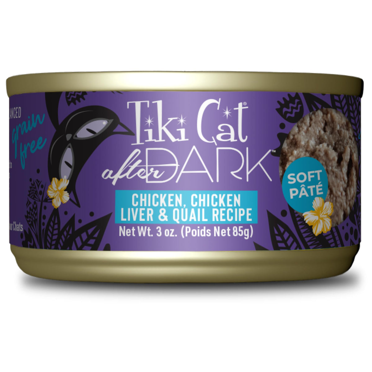 Tiki Cat After Dark Pate with chicken and quail for protein-rich nutrition.