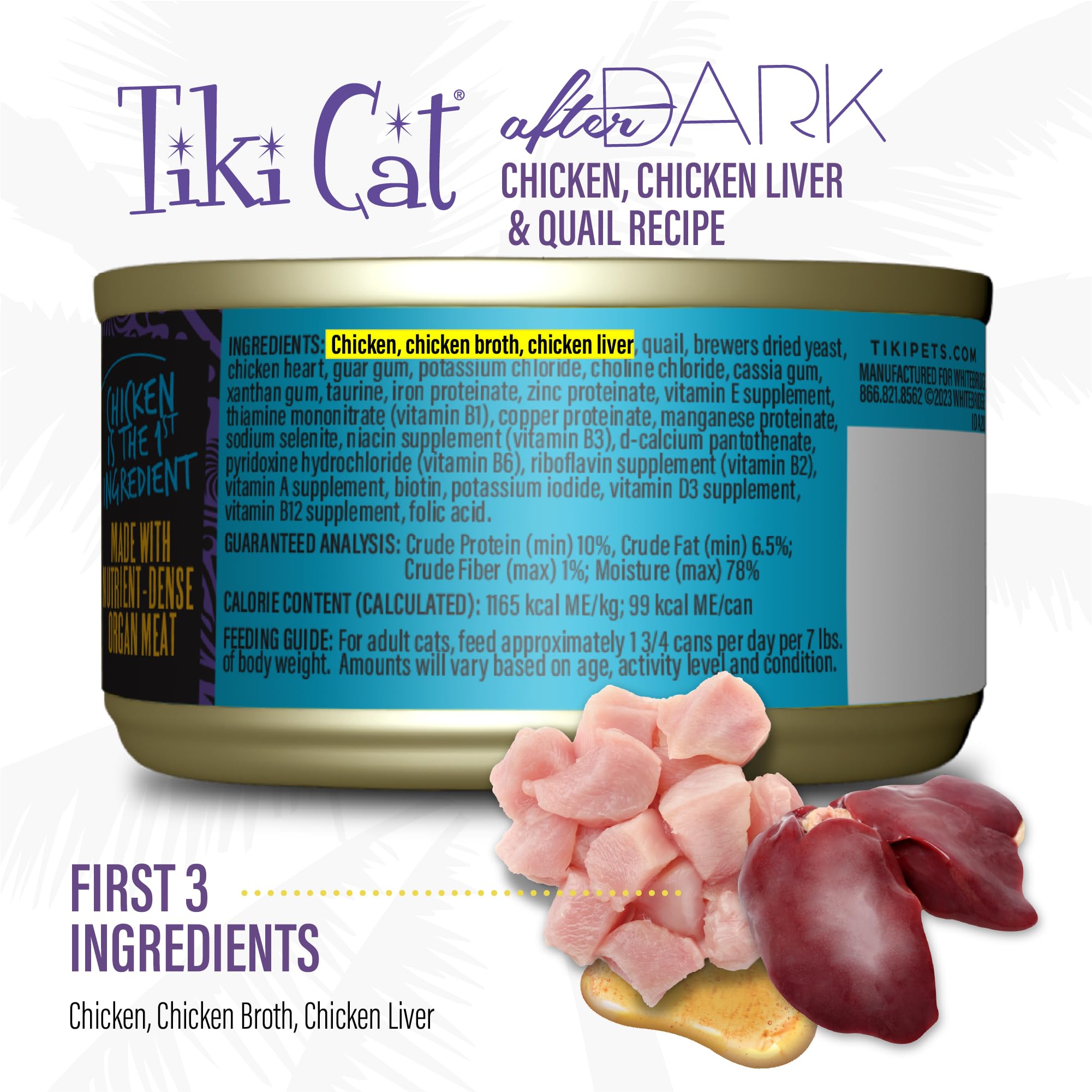 Tiki Cat After Dark Pate highlights chicken and quail ingredients for flavor.