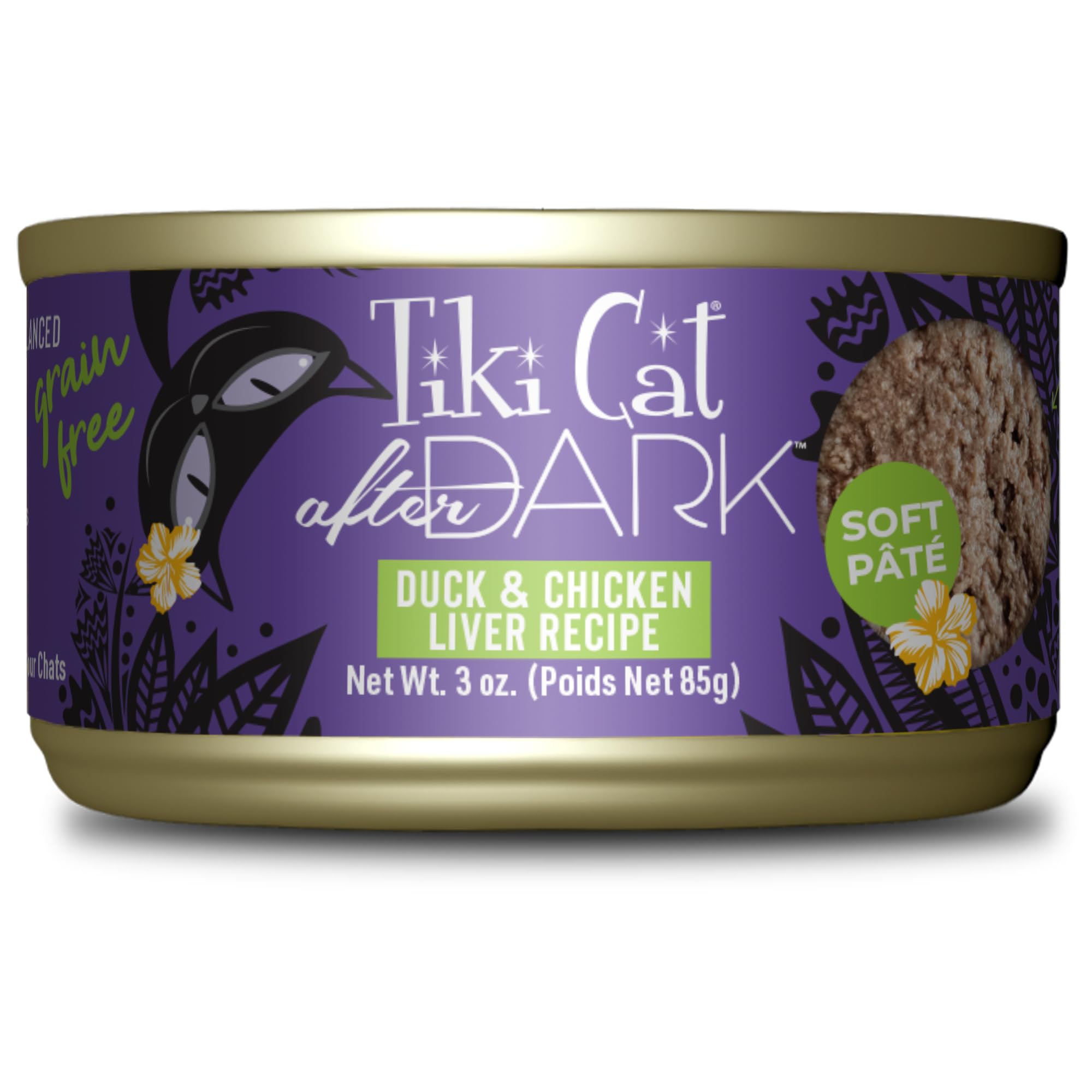 Tiki Cat After Dark Pâté can close-up showing duck and liver ingredients.