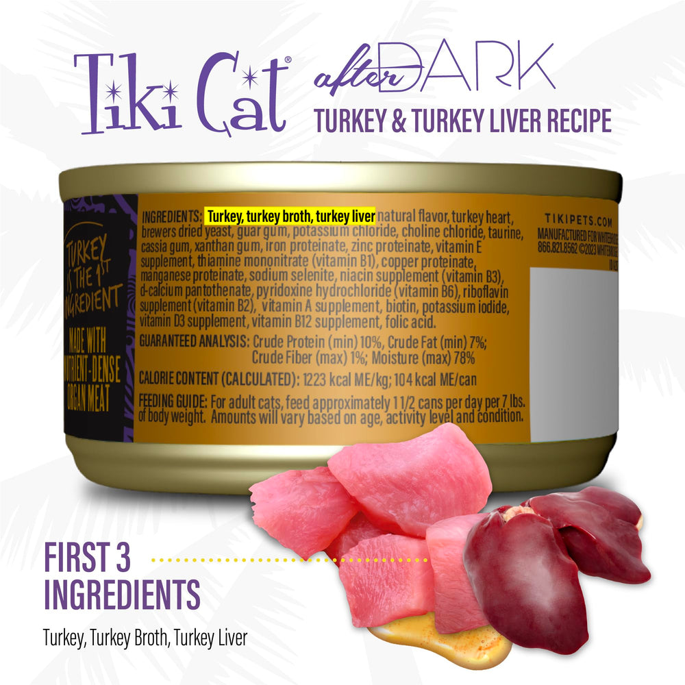 Tiki Cat After Dark pate turkey liver ingredient close-up highlights nutrient-dense organ meat