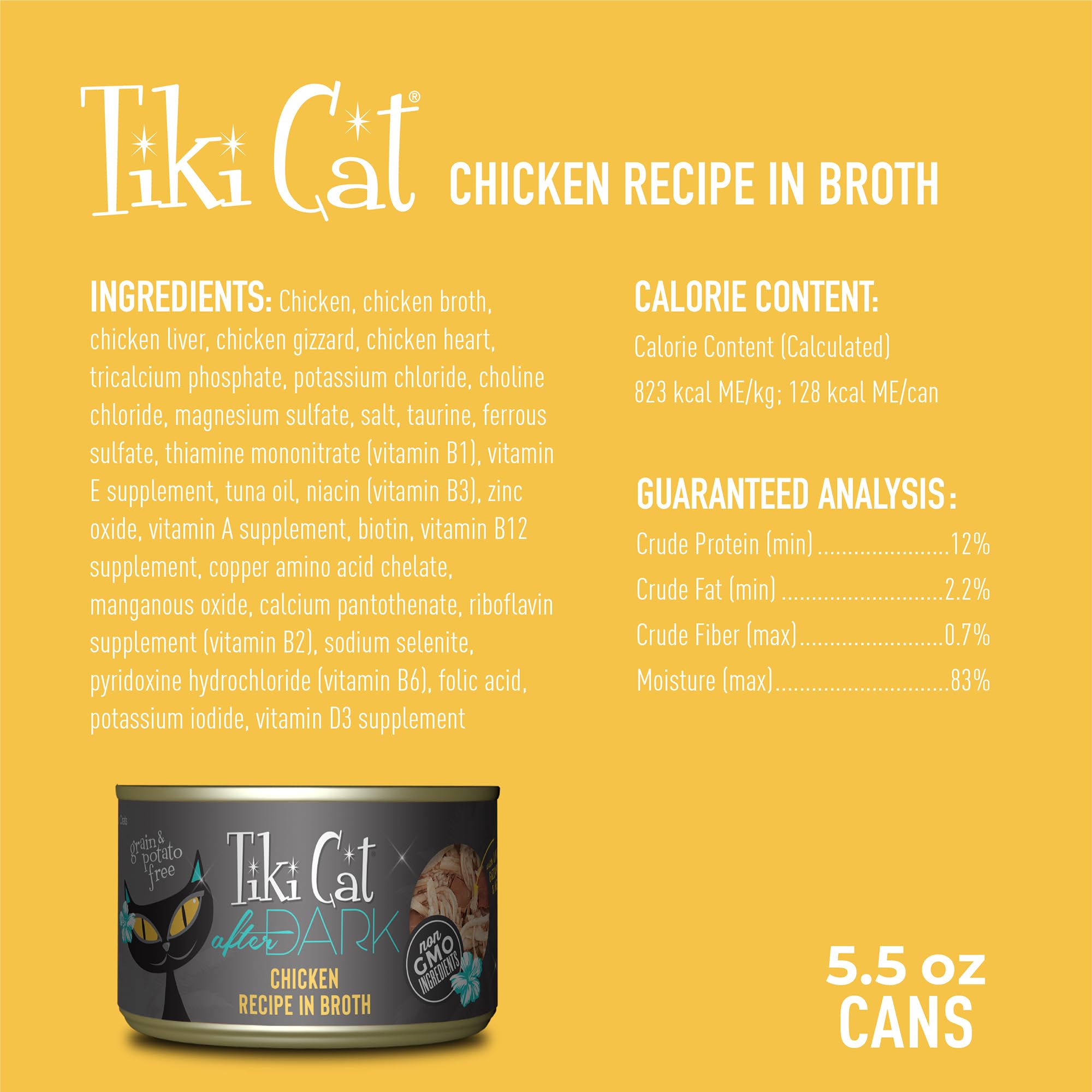 Tiki Cat After Dark shredded chicken chunks—protein-rich texture for adult cats.