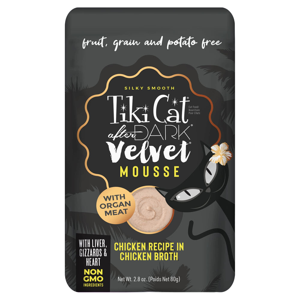 Tiki Cat After Dark Velvet Mousse Chicken Broth Pour highlights rich moisture for hydration.
