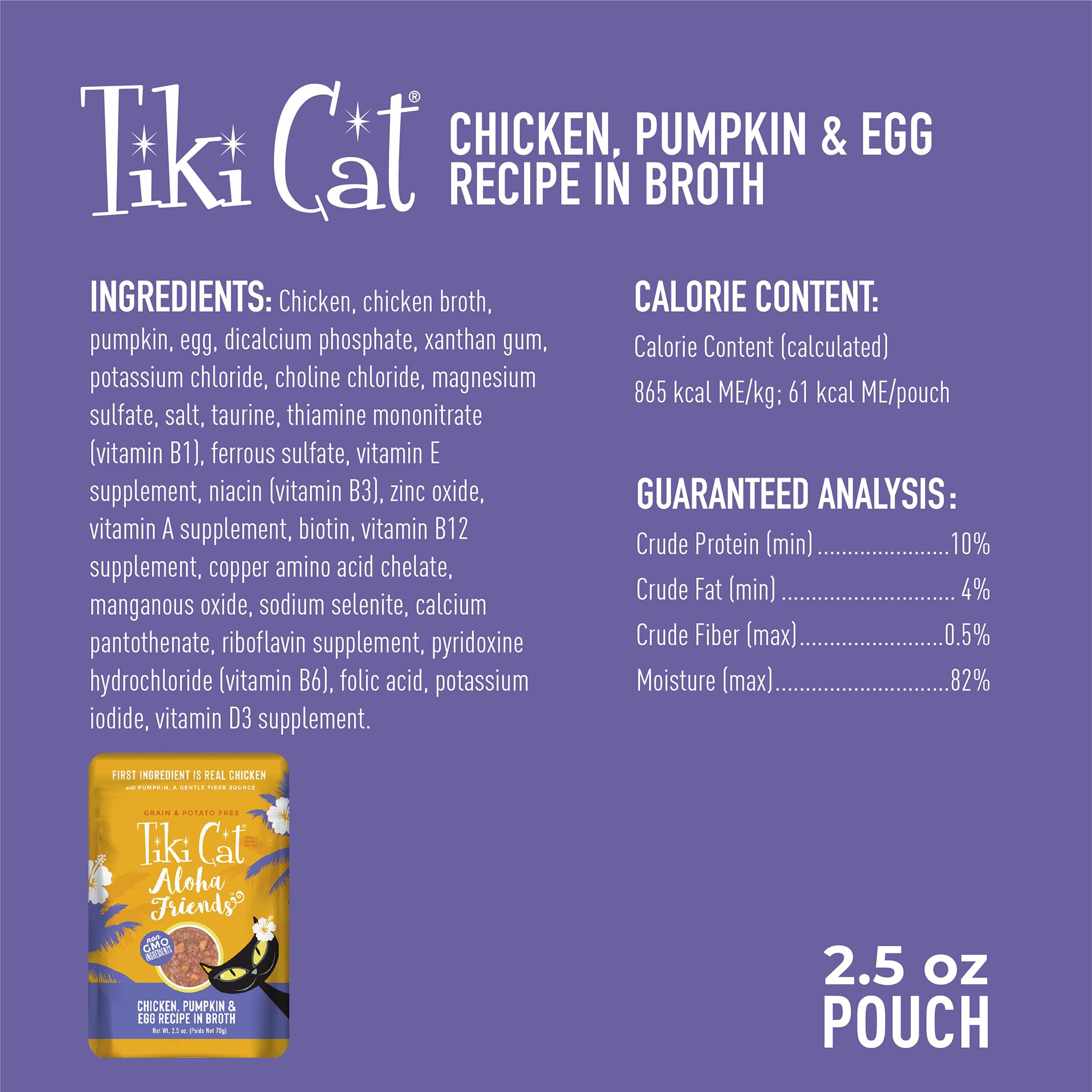 Tiki Cat Aloha Friends 2.5 oz pouch open, convenient serving for busy pet homes