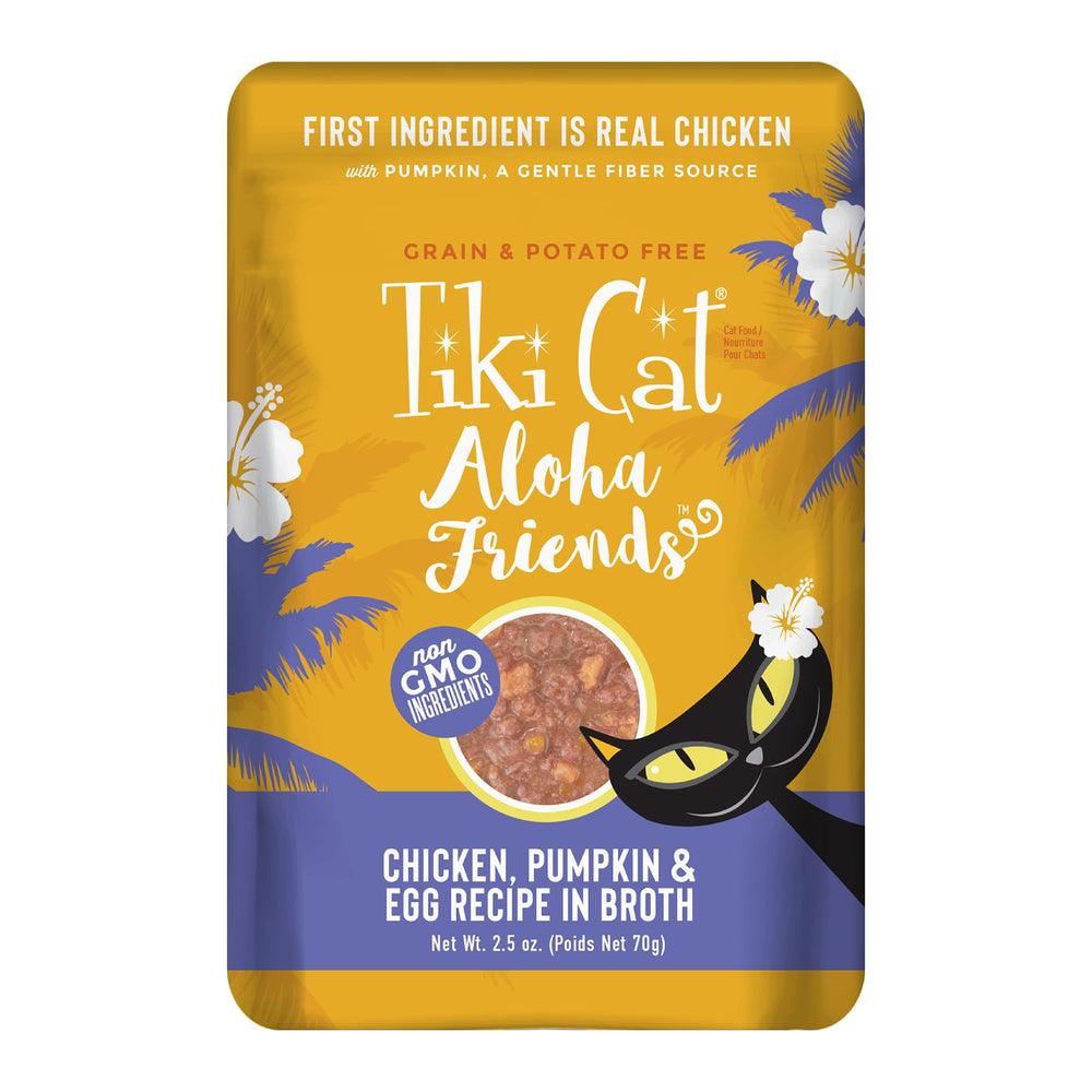 Tiki Cat Aloha Friends chicken-pumpkin-egg wet food close-up, grain-free nutrition for all life stages