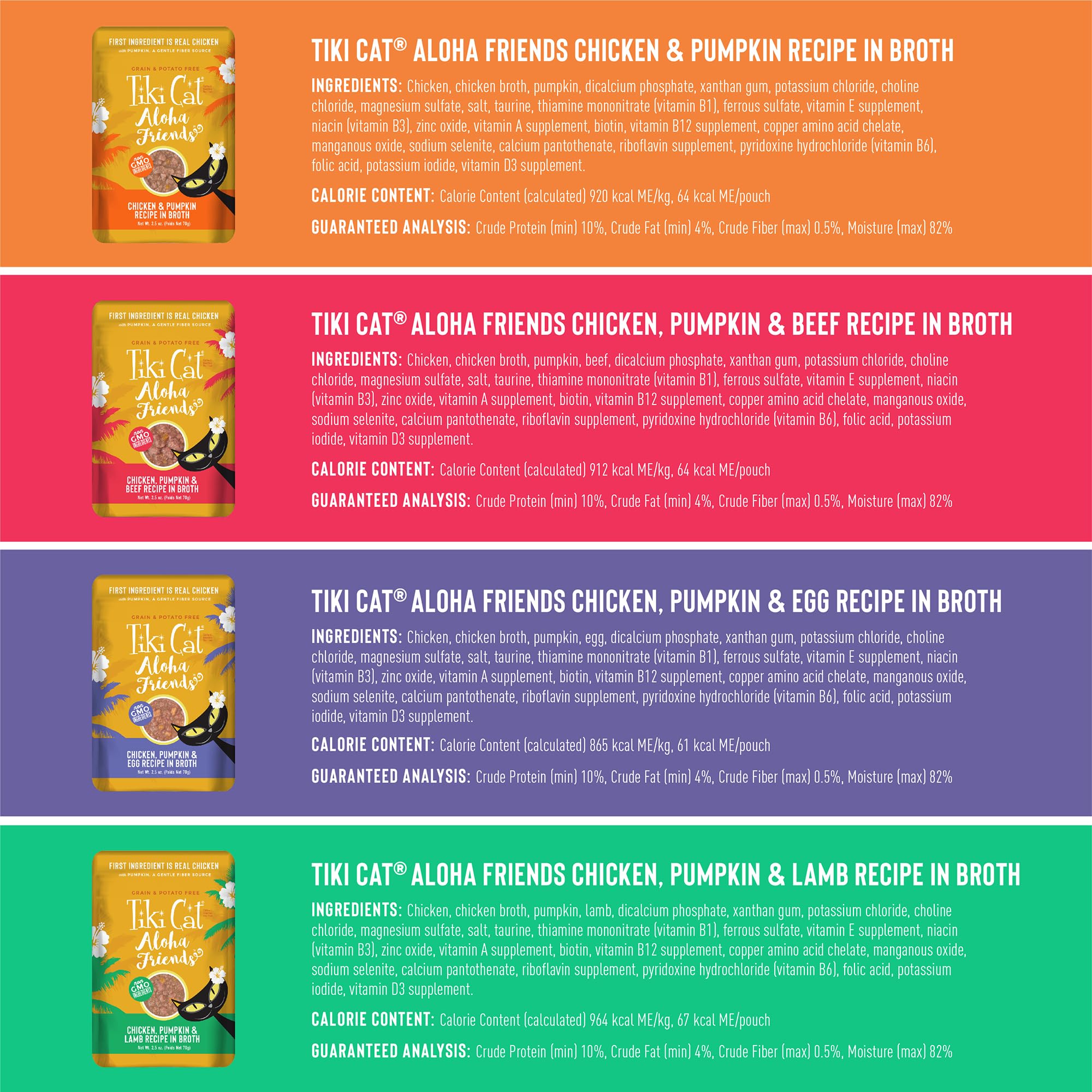 Tiki Cat Aloha Friends chicken pumpkin pouch, grain-free option for cats.
