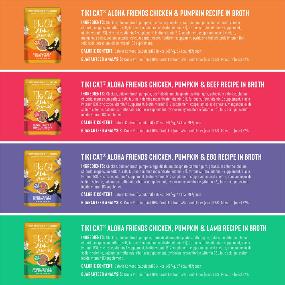 Tiki Cat Aloha Friends chicken pumpkin pouch, grain-free option for cats.