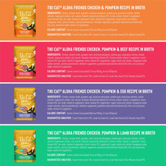 Tiki Cat Aloha Friends chicken pumpkin pouch, grain-free option for cats.