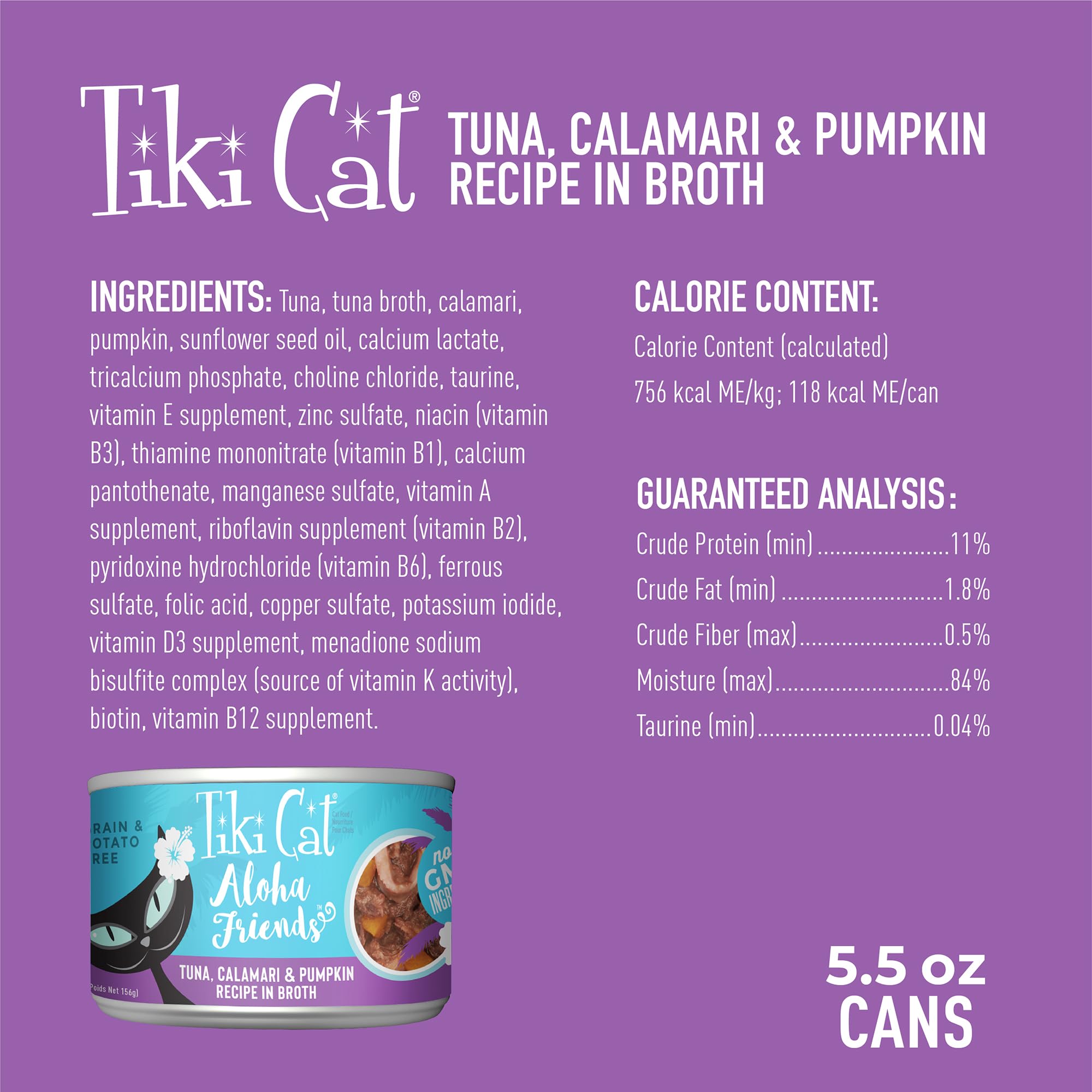 Close-up of Tiki Cat Aloha Friends ingredients showing tuna calamari and pumpkin