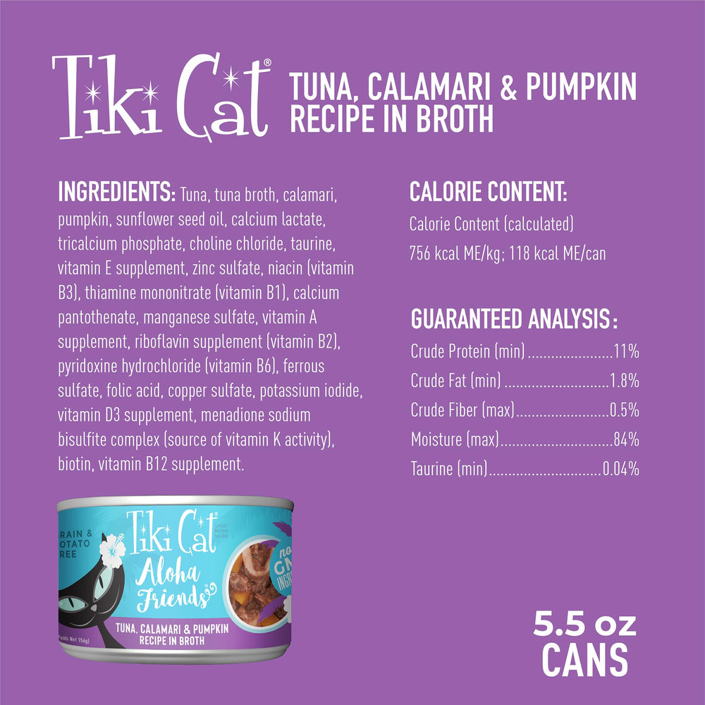Close-up of Tiki Cat Aloha Friends ingredients showing tuna calamari and pumpkin