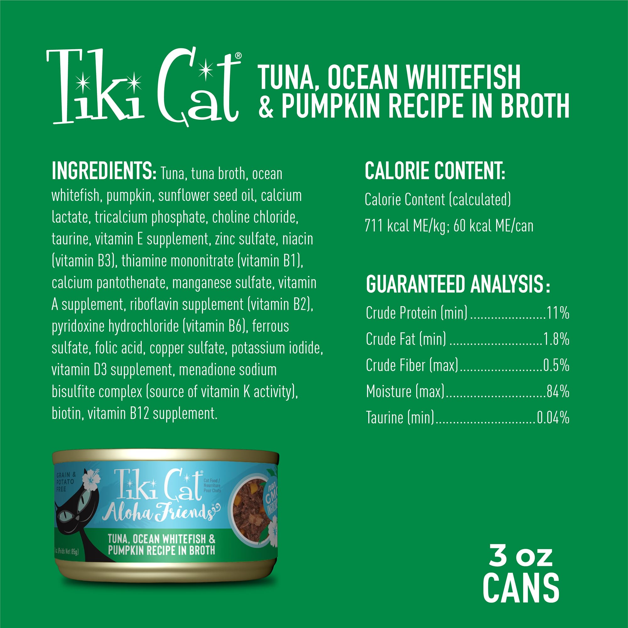 Label image shows real tuna and pumpkin for fiber in a grain-free formula.