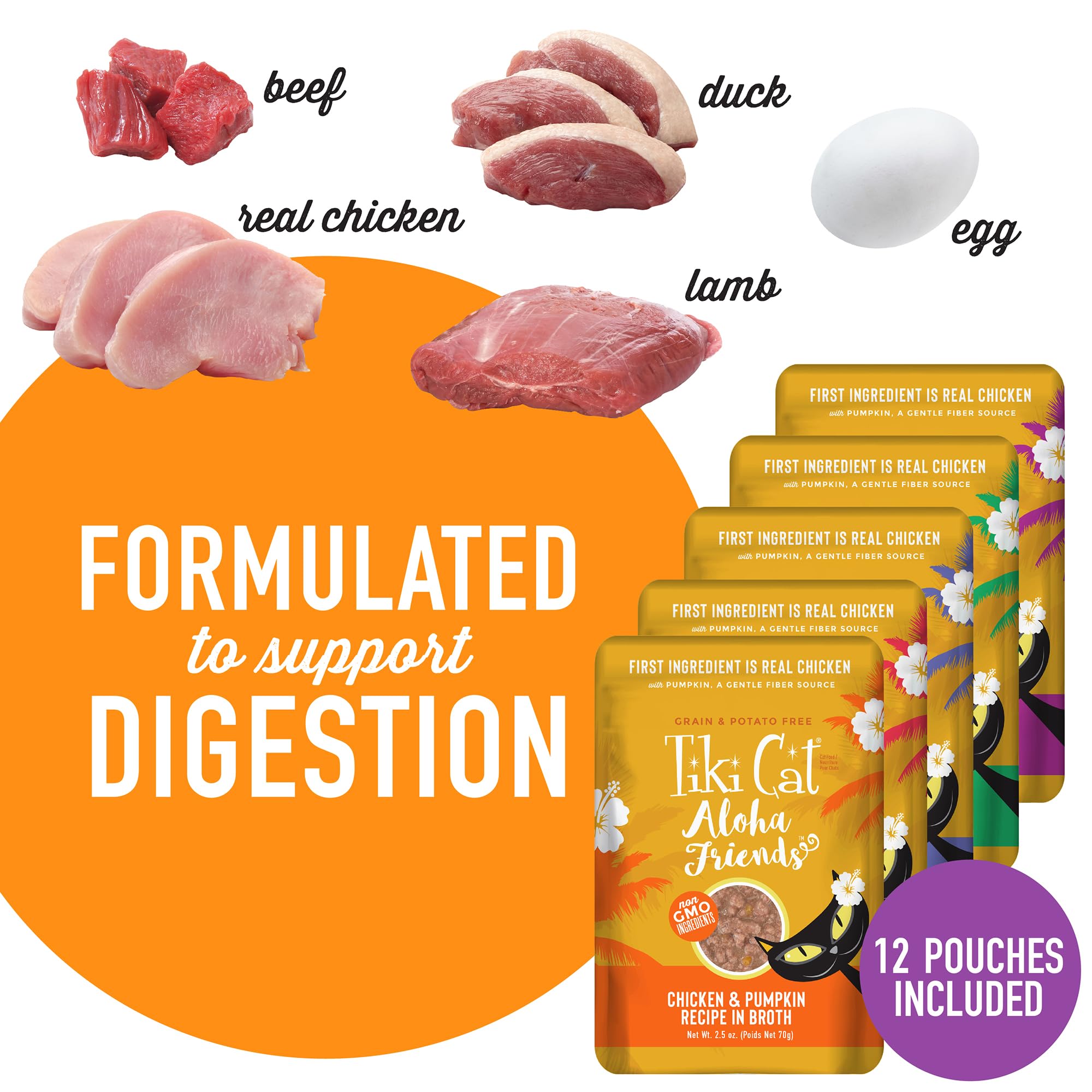 Tiki Cat Aloha Friends lamb pumpkin pouch, all life stages nutrition.