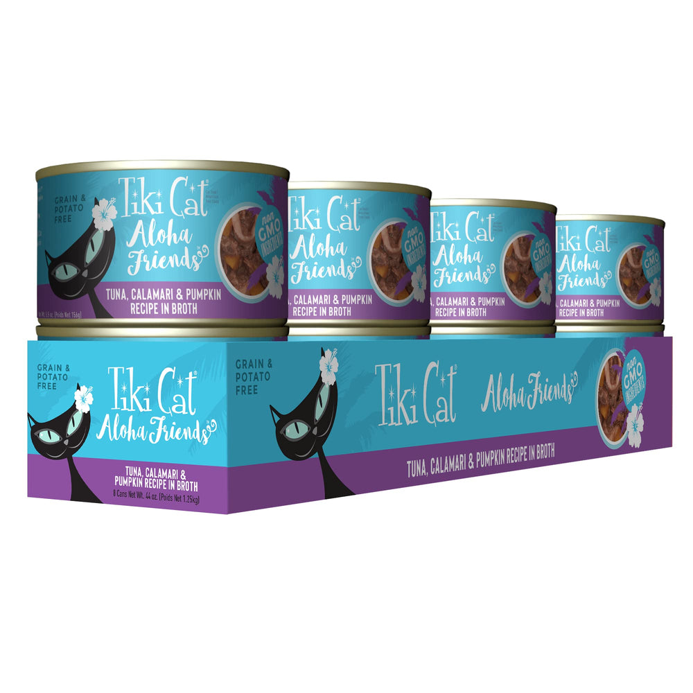Tiki Cat Aloha Friends tuna calamari pumpkin cans close-up for convenient portions
