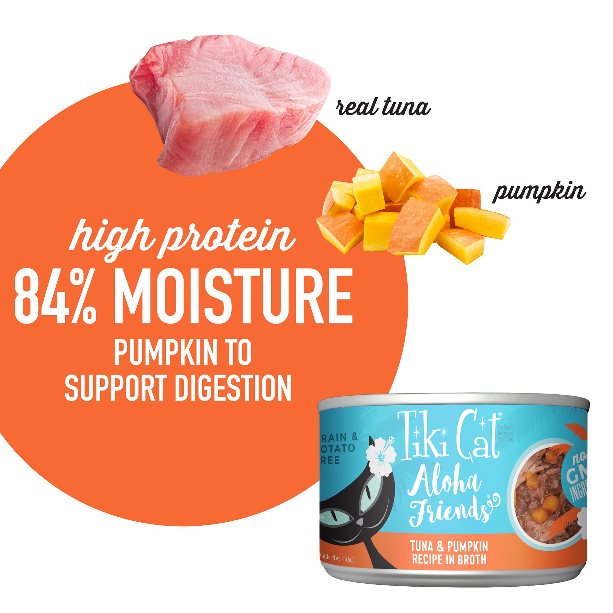 Tiki Cat Aloha Friends tuna-pumpkin can label depicting wholesome ingredients.
