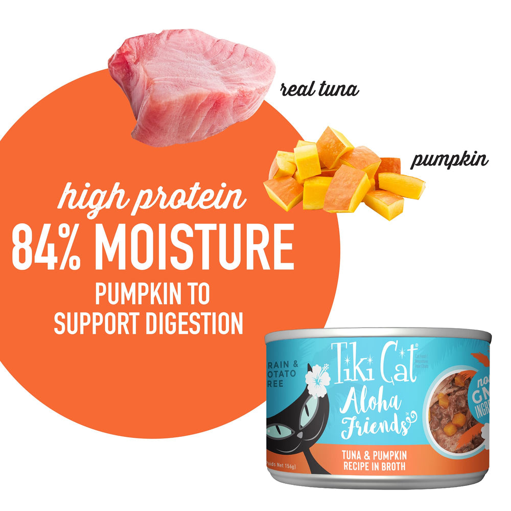 Tiki Cat Aloha Friends tuna-pumpkin can label depicting wholesome ingredients.