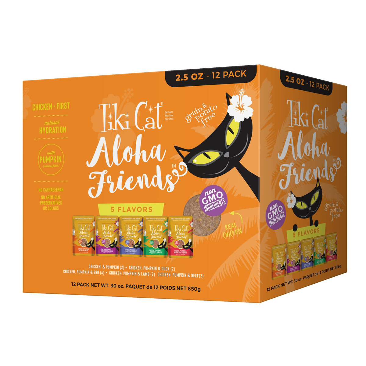 Tiki Cat Aloha Friends variety pack 12 pouches, diverse flavors for meals.