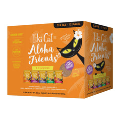 Tiki Cat Aloha Friends variety pack 12 pouches, diverse flavors for meals.