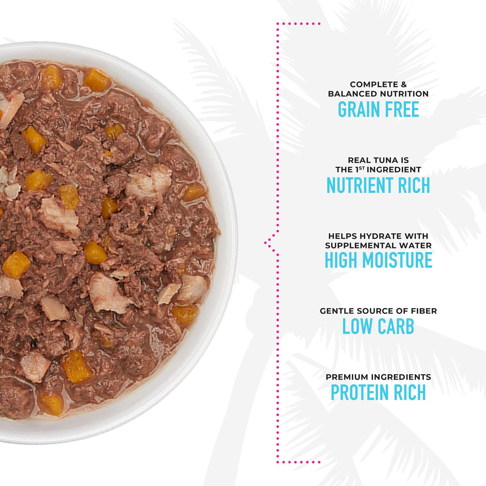 Tiki Cat Aloha Friends protein-rich pouch with real tuna and tilapia.