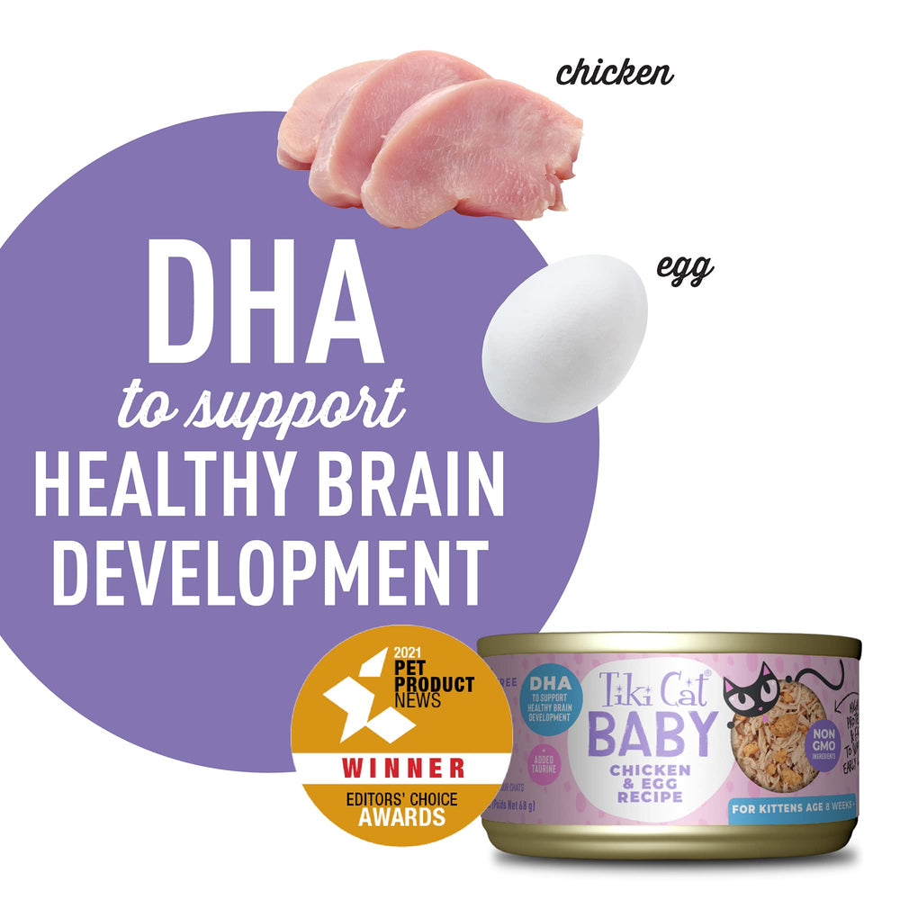 Tiki Cat Baby egg inclusion with DHA for kitten brain development support.