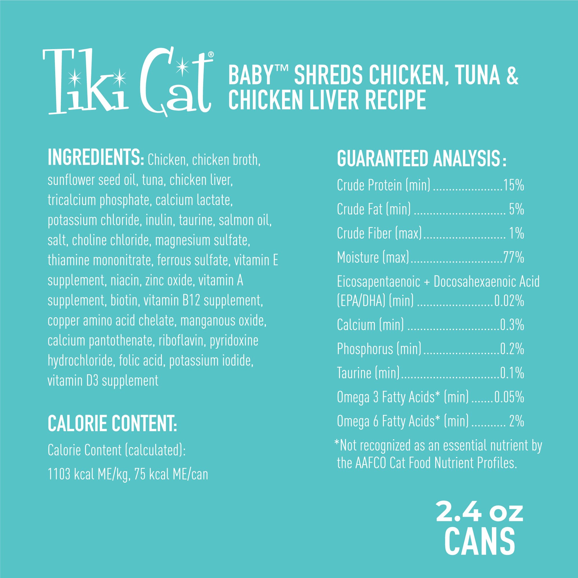 Tiki Cat Baby serving bowl shows kitten meal for 8 weeks+ with real chicken.