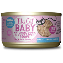 Tiki Cat Baby kitten food with chicken shreds, high-protein meal for growing kittens.