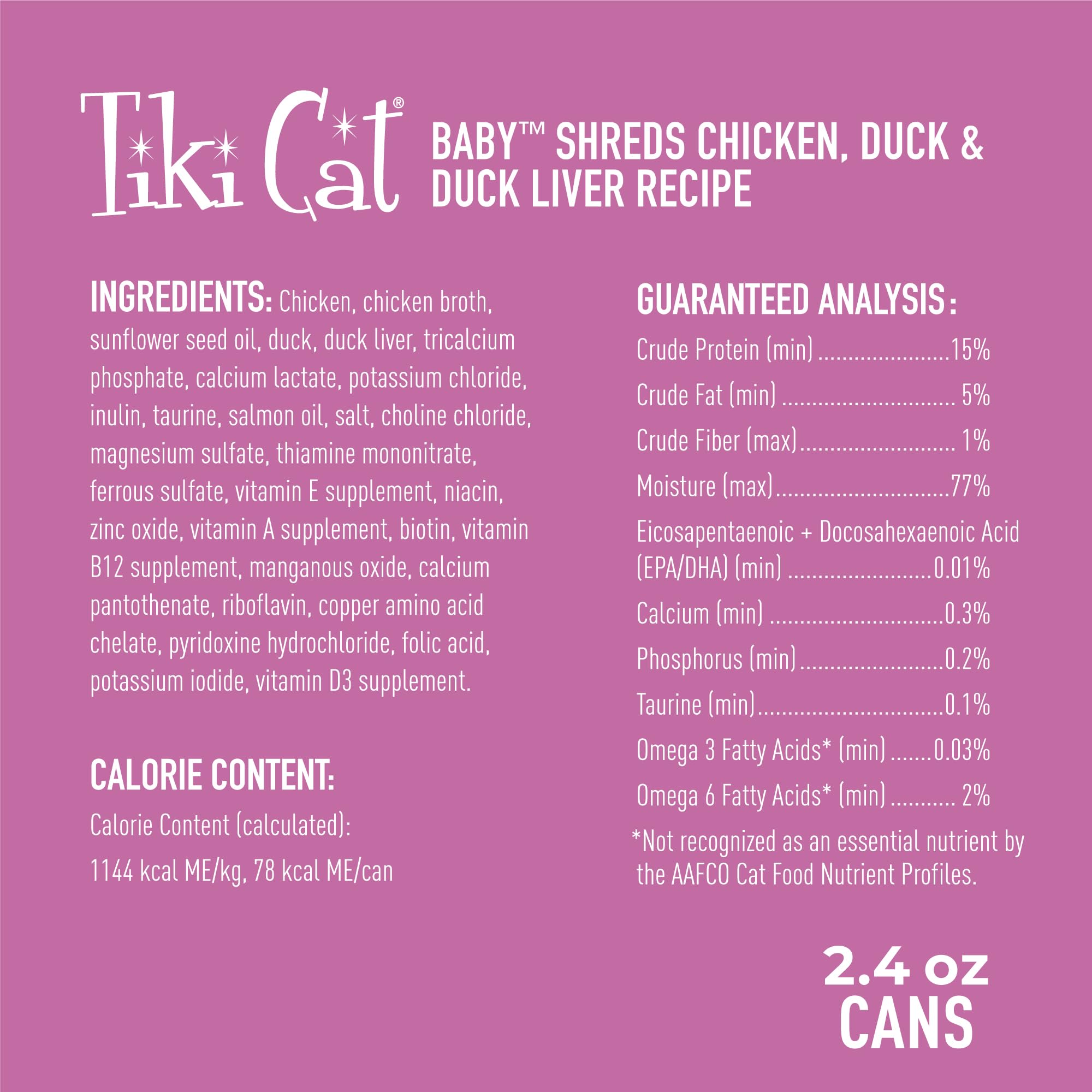 Tiki Cat Baby kitten food with duck shreds, flavorful texture for kittens.