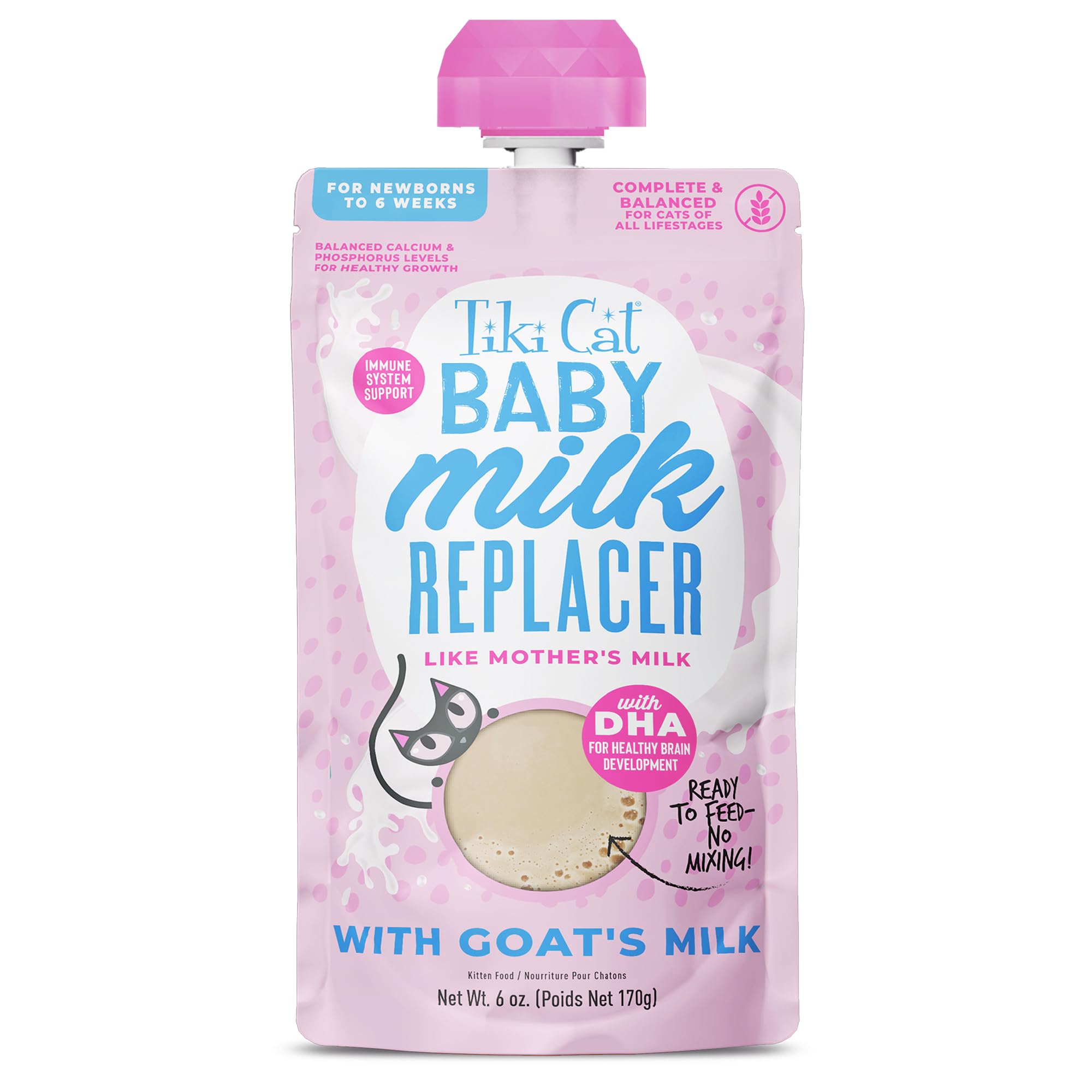Tiki Cat Baby Milk Replacer bottle with goat milk supports kitten growth.