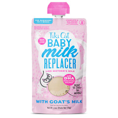 Tiki Cat Baby Milk Replacer bottle with goat milk supports kitten growth.