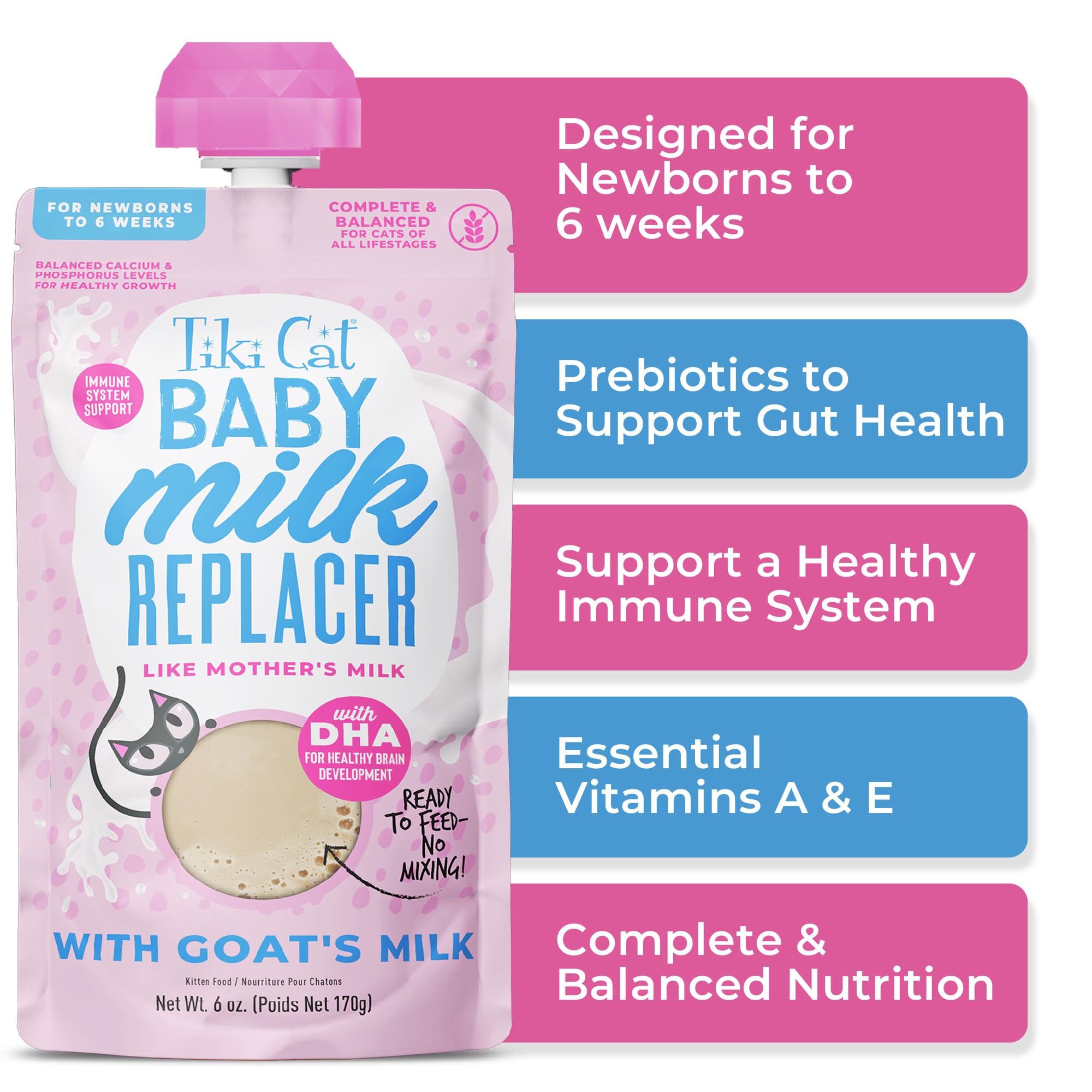 Tiki Cat Baby Milk Replacer includes DHA for brain development and immunity.