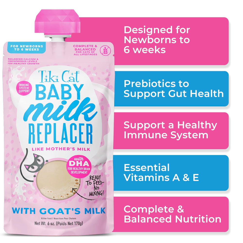 Tiki Cat Baby Milk Replacer includes DHA for brain development and immunity.