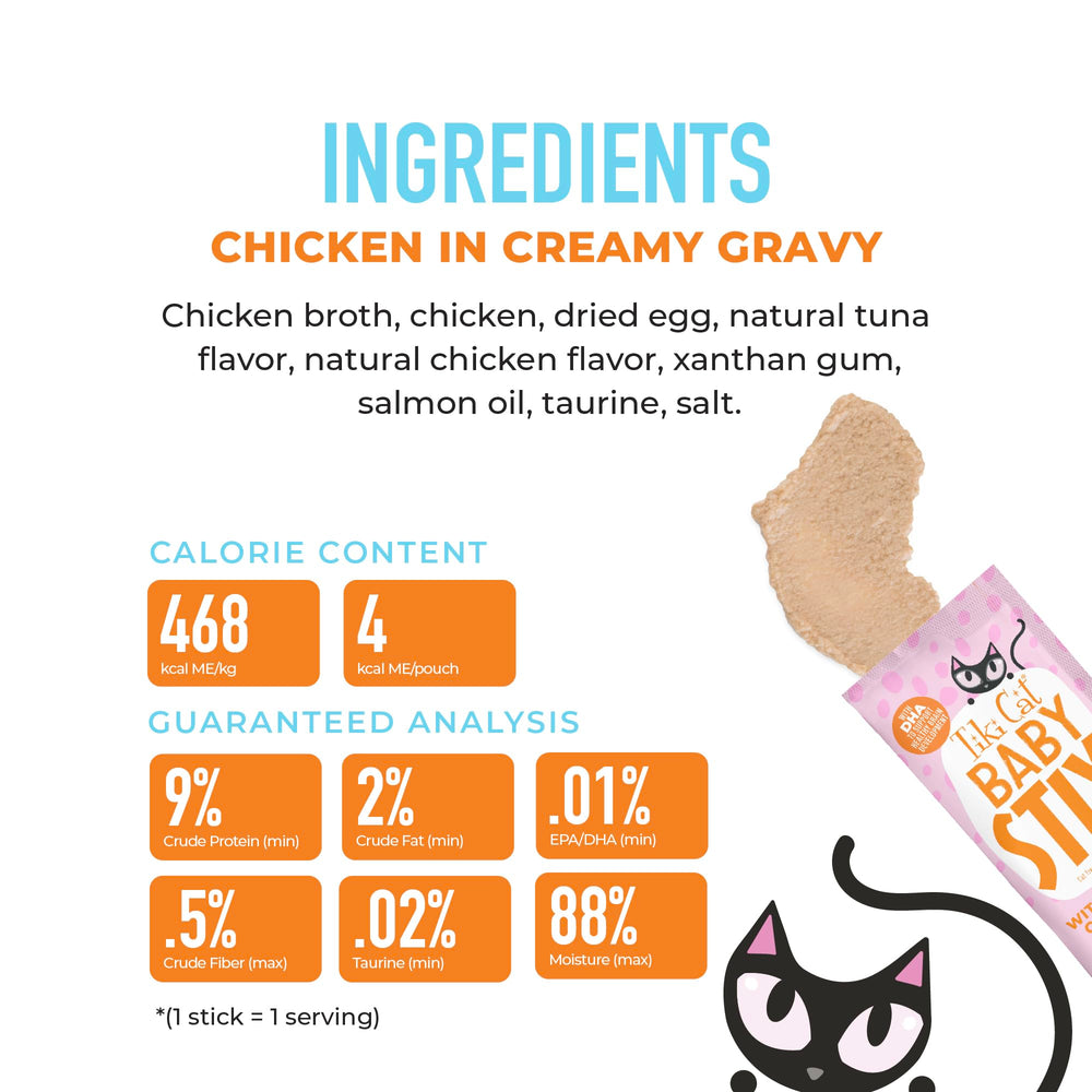 Close-up of Tiki Cat Baby Stix creamy gravy and chicken flavor.