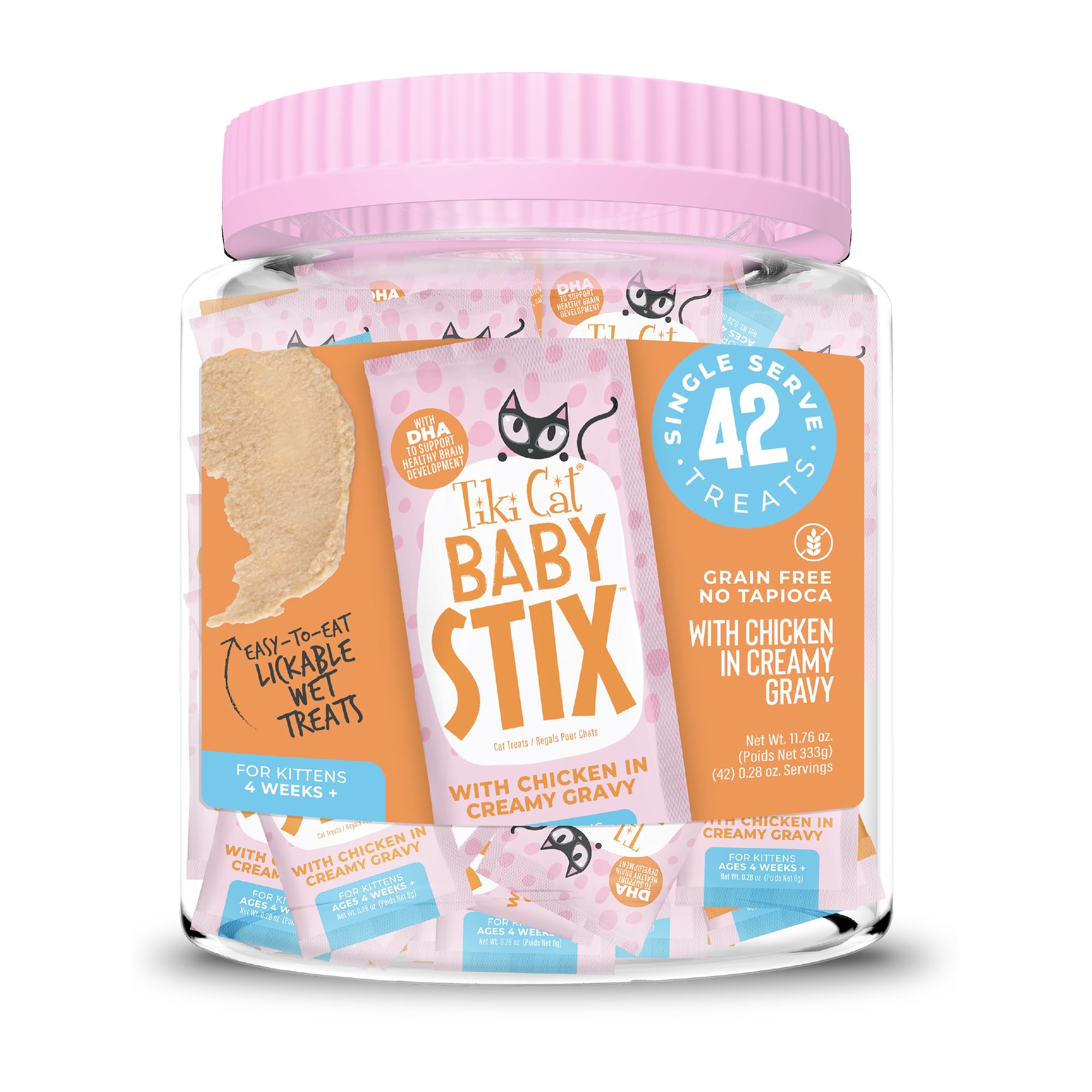 Tiki Cat Baby Stix pack opening, convenient single-serve portions for kittens.