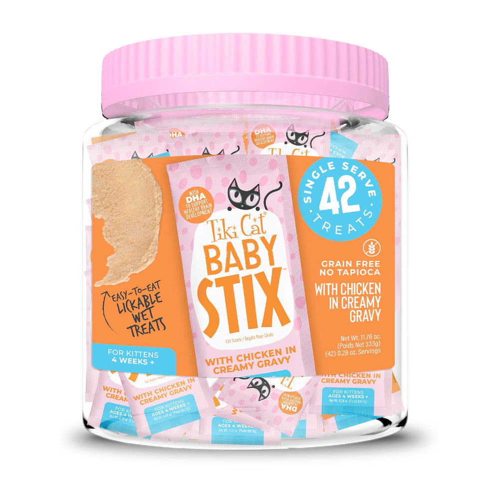 Tiki Cat Baby Stix pack opening, convenient single-serve portions for kittens.