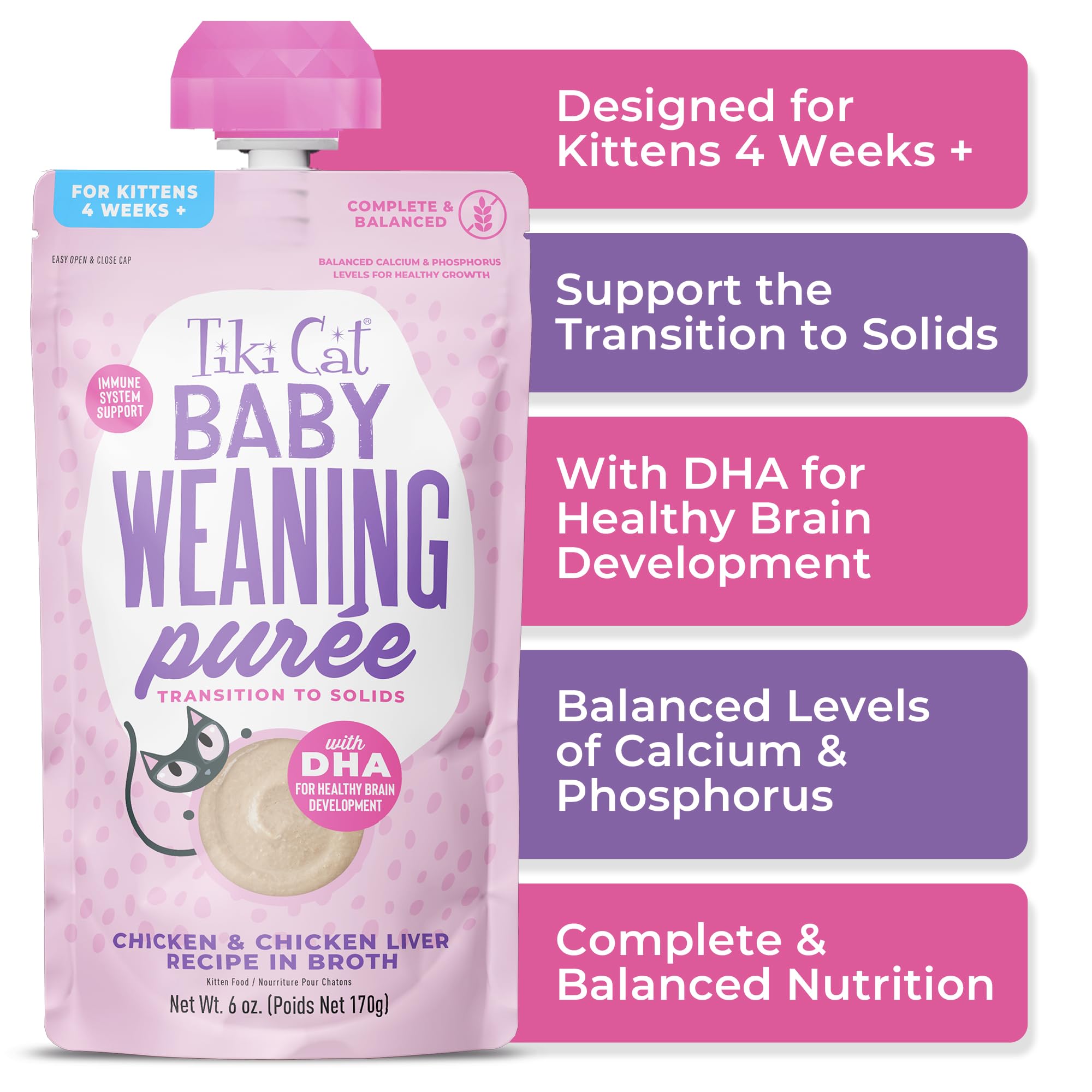 Tiki Cat Baby Weaning Puree with prebiotics for easy digestion.