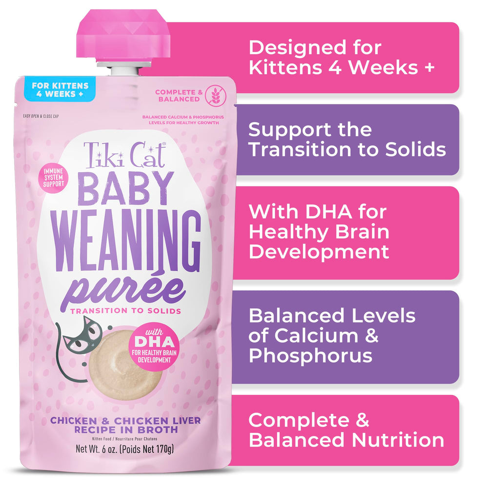 Tiki Cat Baby Weaning Puree with prebiotics for easy digestion.