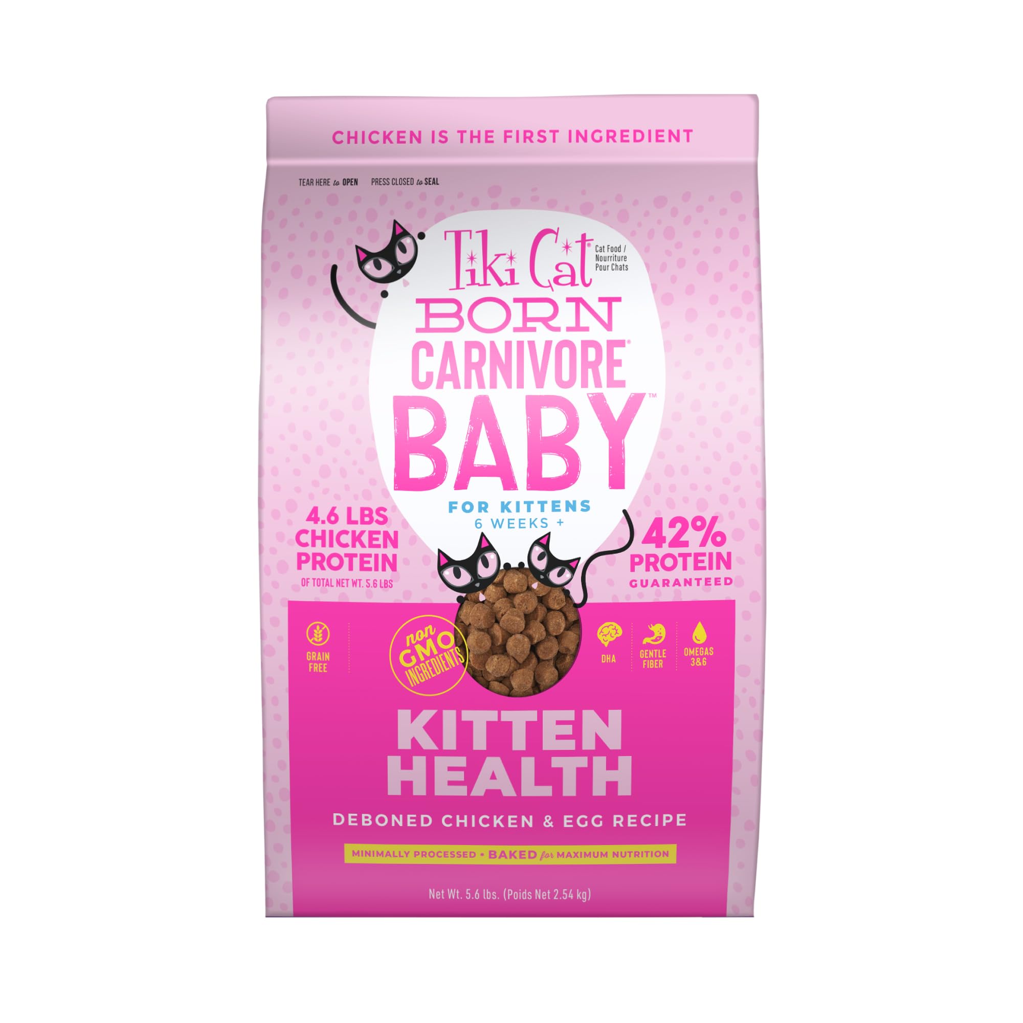 Tiki Cat Born Carnivore Baby kibble close-up showing high-protein nutrition for kittens