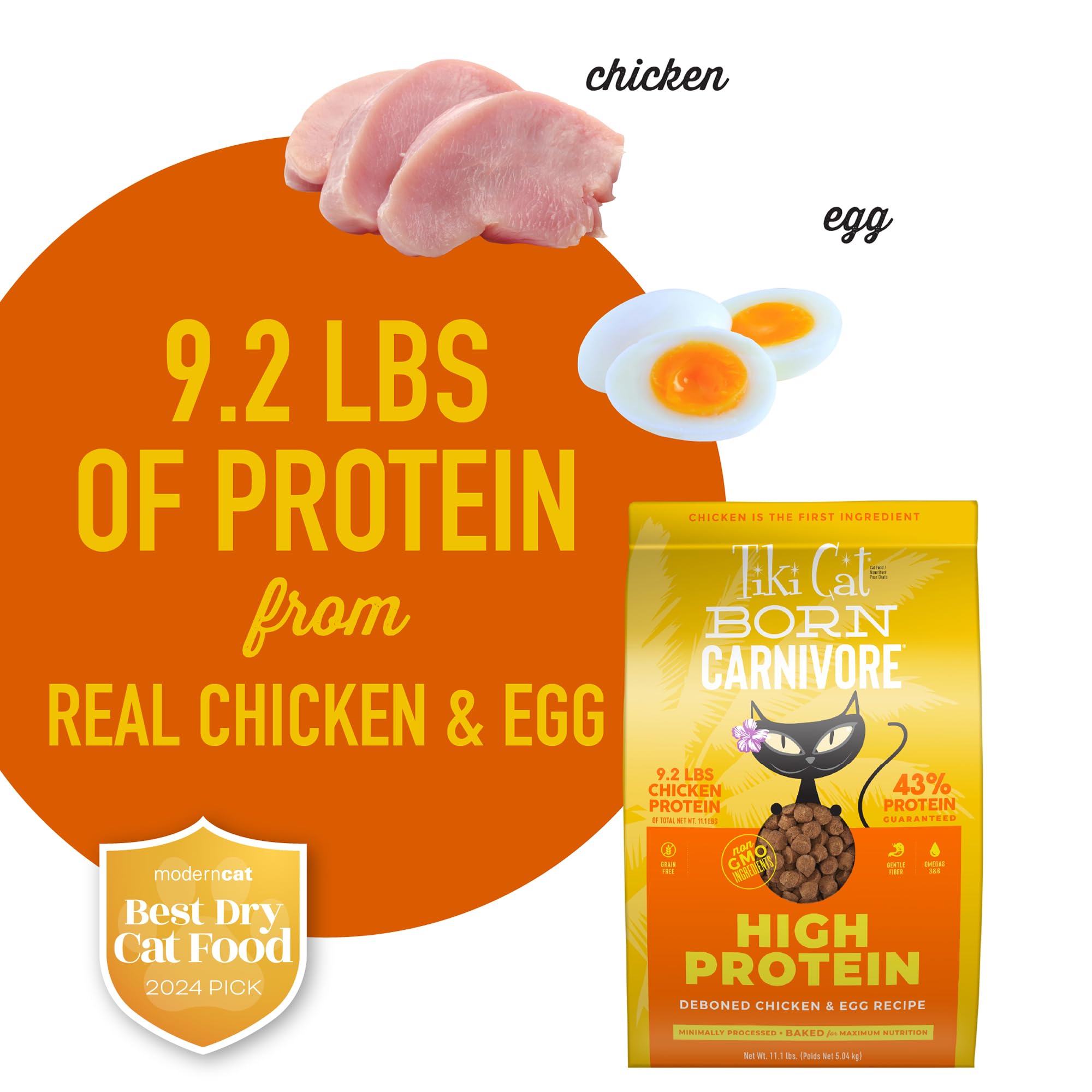 Tiki Cat Born Carnivore bag nutrition label highlighting high-protein, grain-free ingredients.
