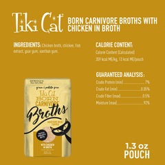 Tiki Cat Born Carnivore Broths Chicken served over dry food enhances flavor and hydration.