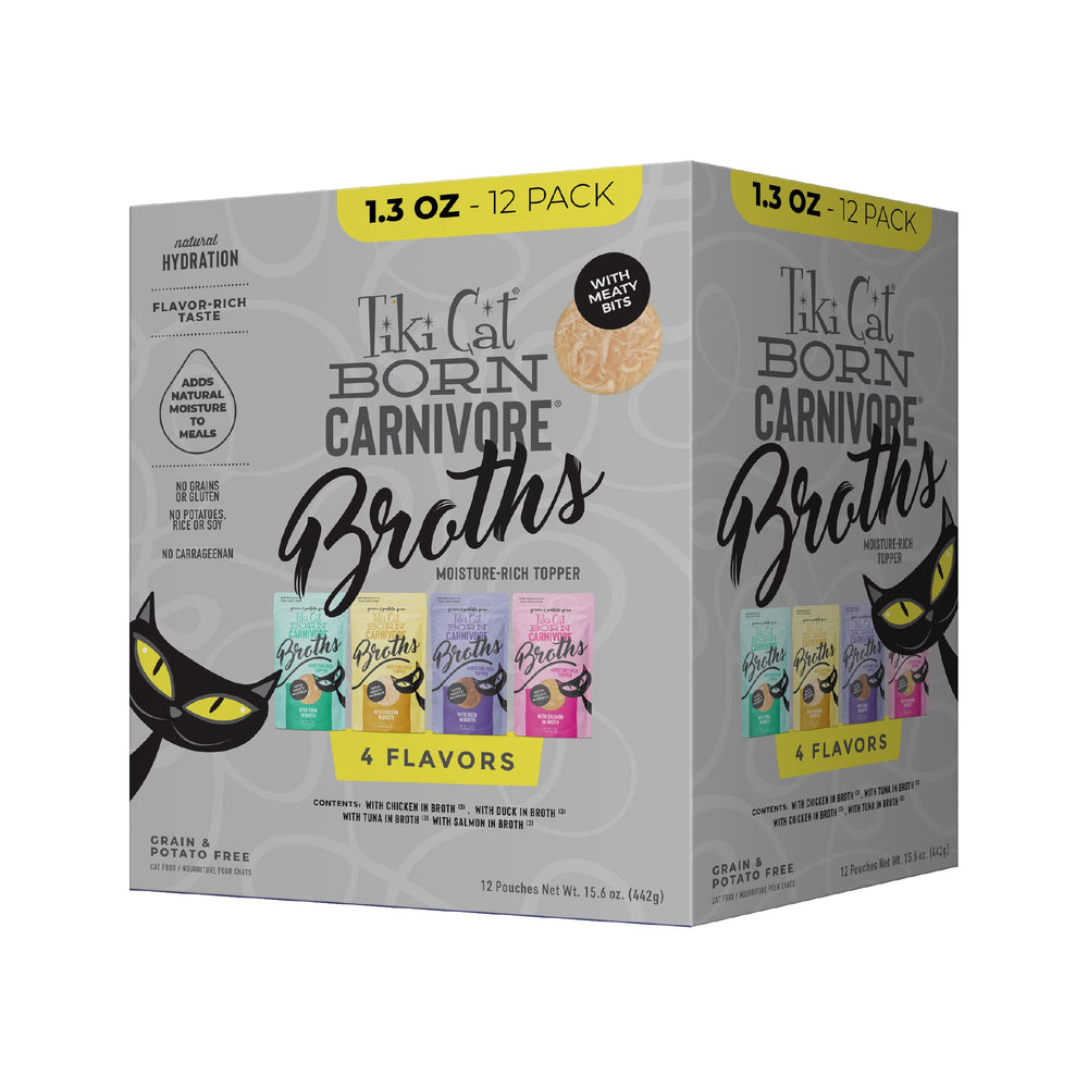 Tiki Cat Born Carnivore Broths pouch-serve adds moisture and flavor to meals.