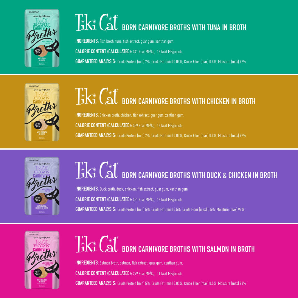Tiki Cat Born Carnivore Broths serving on dish boosts hydration and taste.