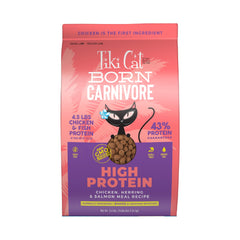 Tiki Cat Born Carnivore chicken kibble bag front shows high-protein formula.