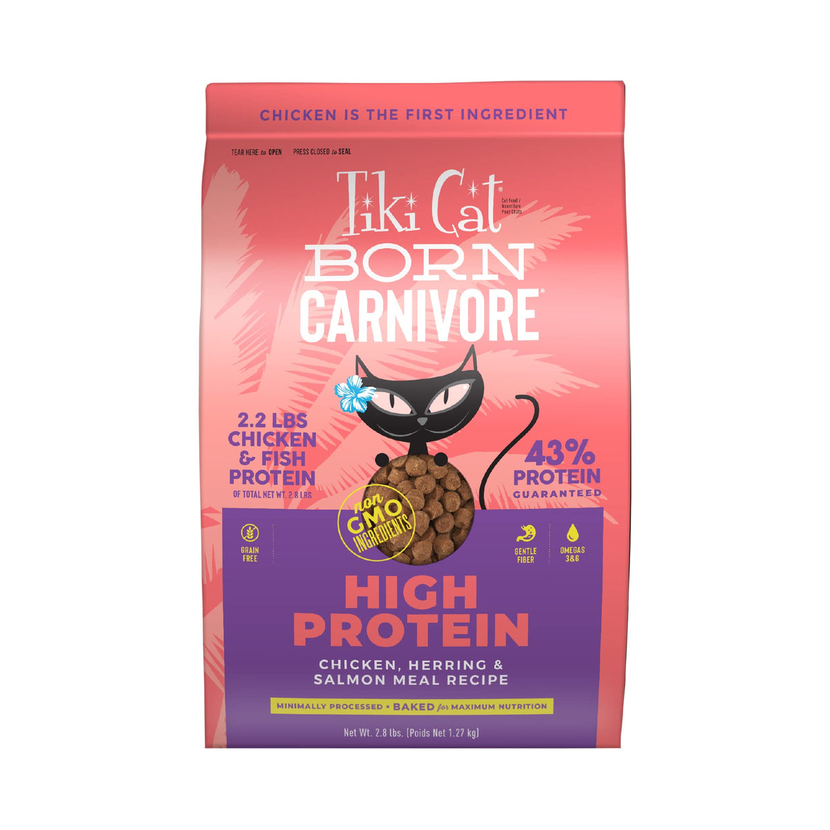 Tiki Cat Born Carnivore chicken kibble bowl shows protein-rich meal for cats.