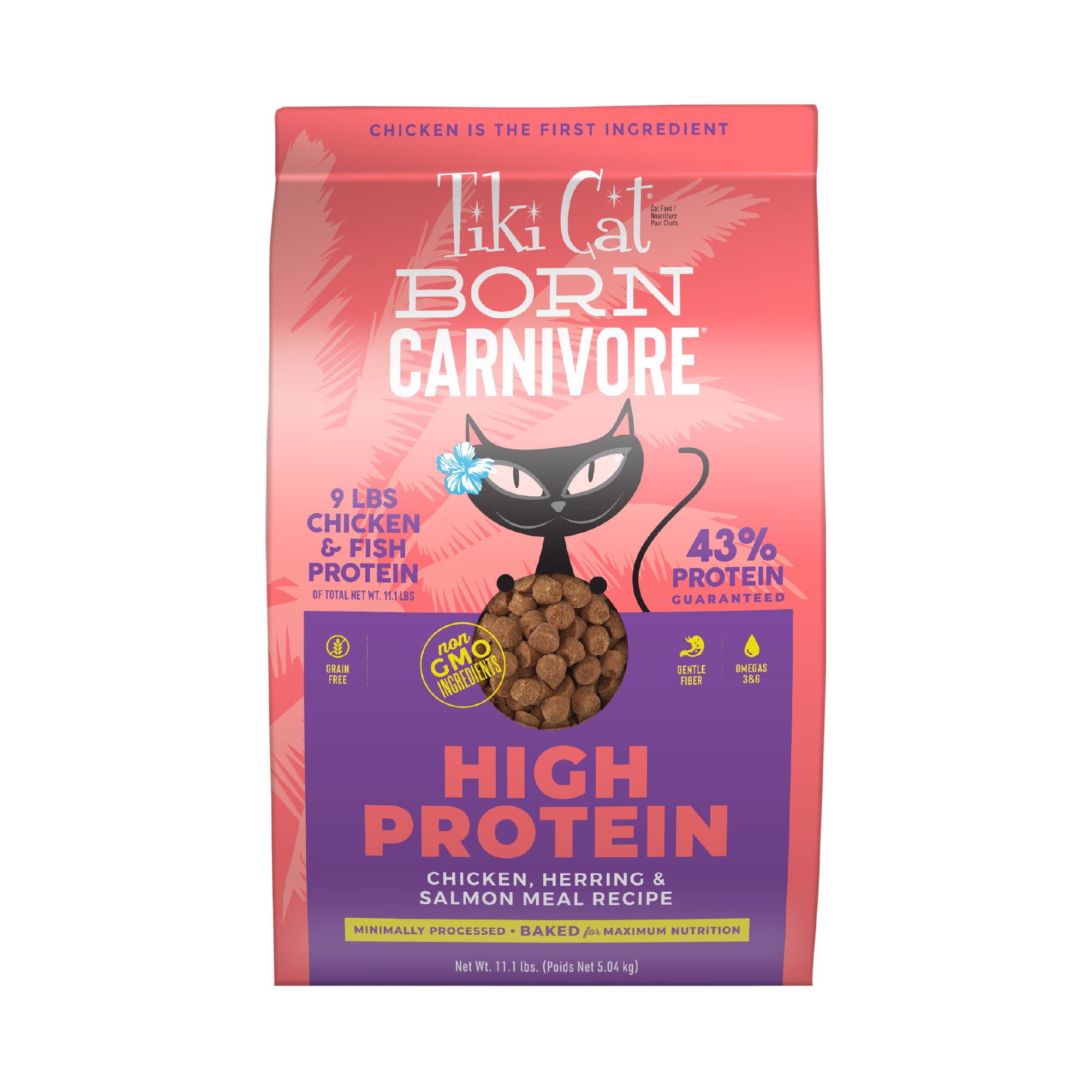 Tiki Cat Born Carnivore kibble close-up with real chicken and fish for protein-rich meals.