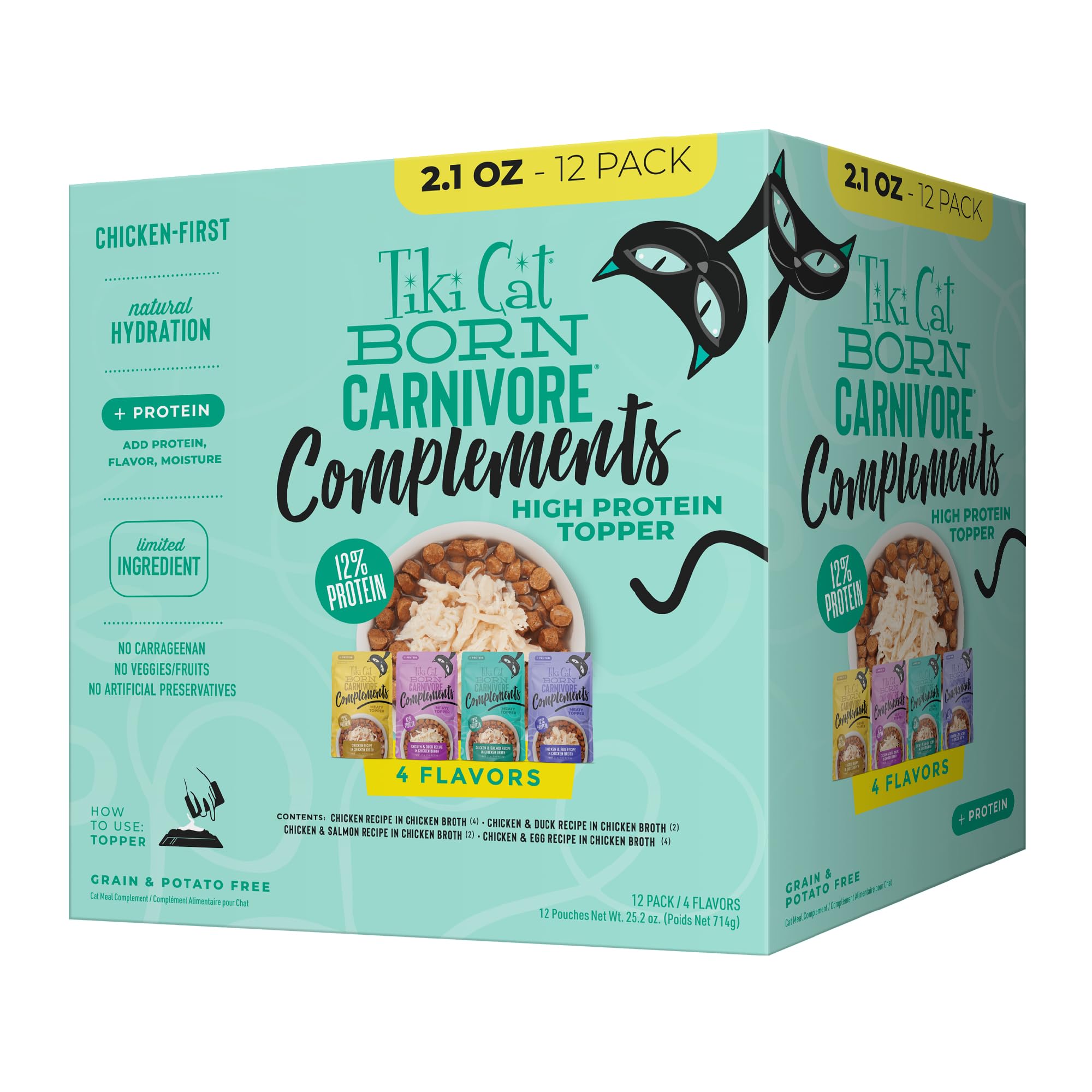 Tiki Cat Born Carnivore Complements pouch close-up with real chicken for protein-rich topping