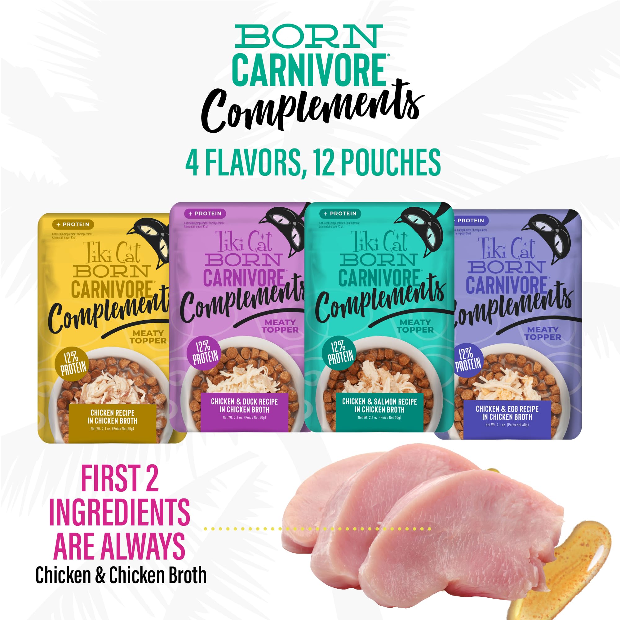 Tiki Cat Born Carnivore Complements pouch contents showing shredded chicken for hydration