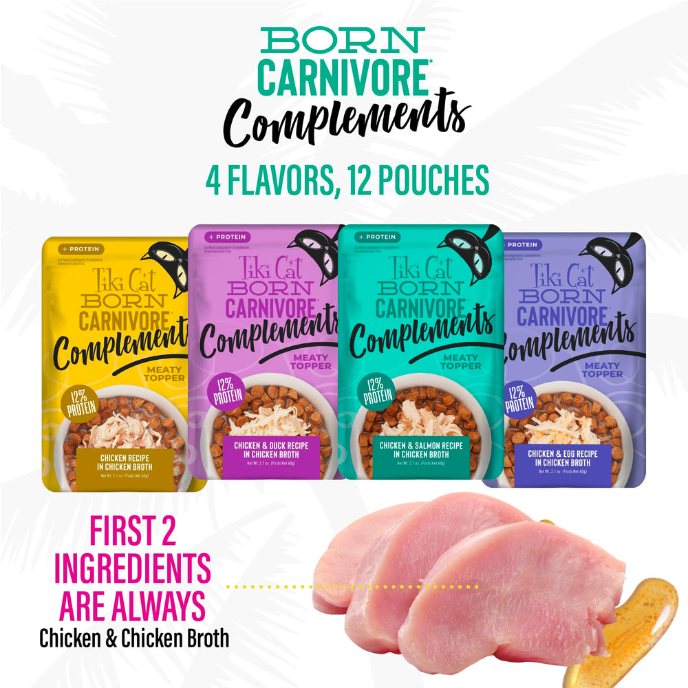 Tiki Cat Born Carnivore Complements pouch contents showing shredded chicken for hydration