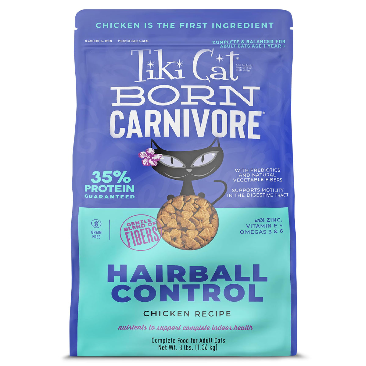 Tiki Cat Born Carnivore chicken-first recipe image highlighting protein for energy.