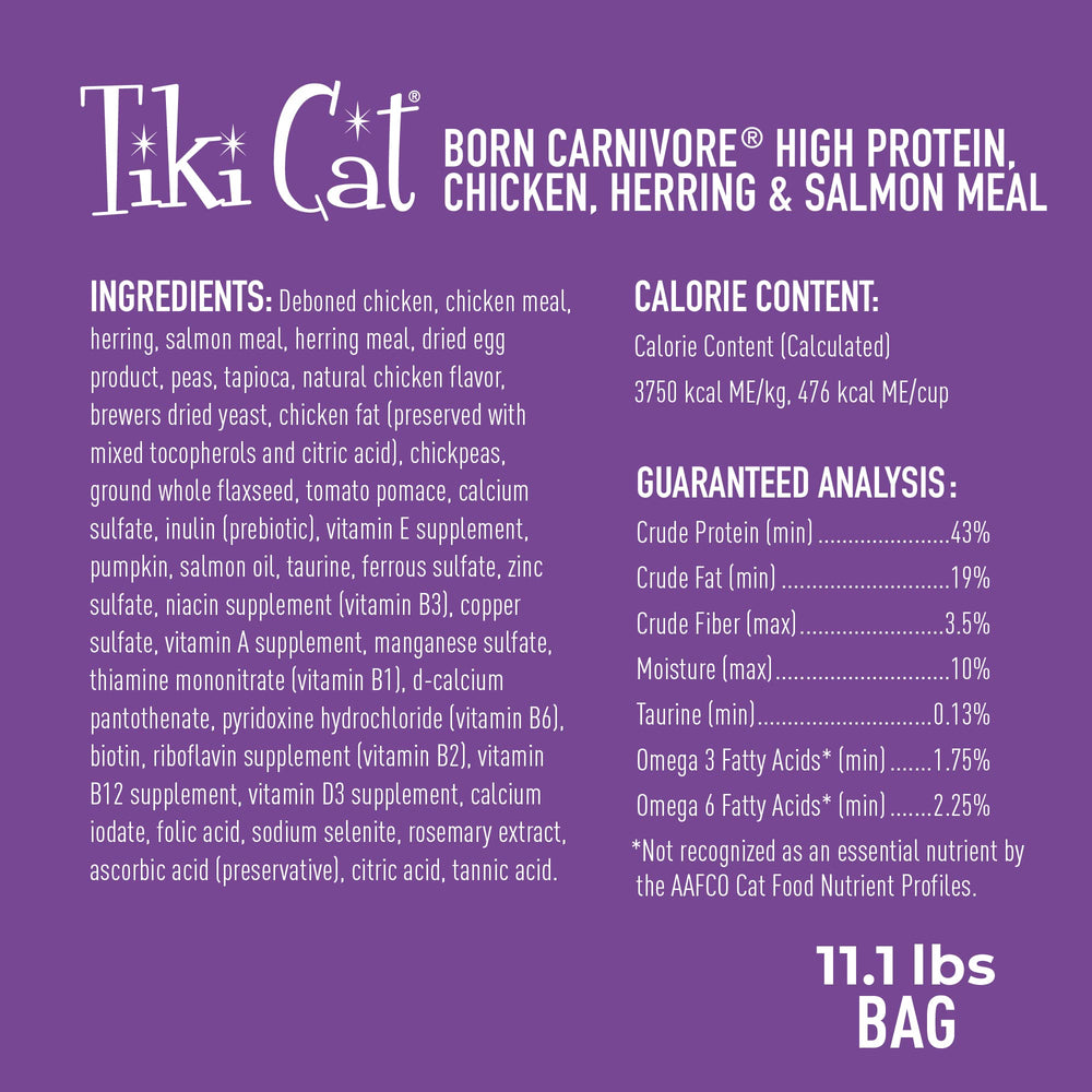 Tiki Cat Born Carnivore grain-free dry kibble in bowl, support for active cats.