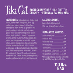 Tiki Cat Born Carnivore grain-free dry kibble in bowl, support for active cats.